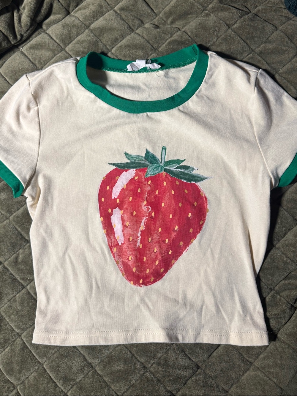 Cute Cream Strawberry baby Tee with Green Trim